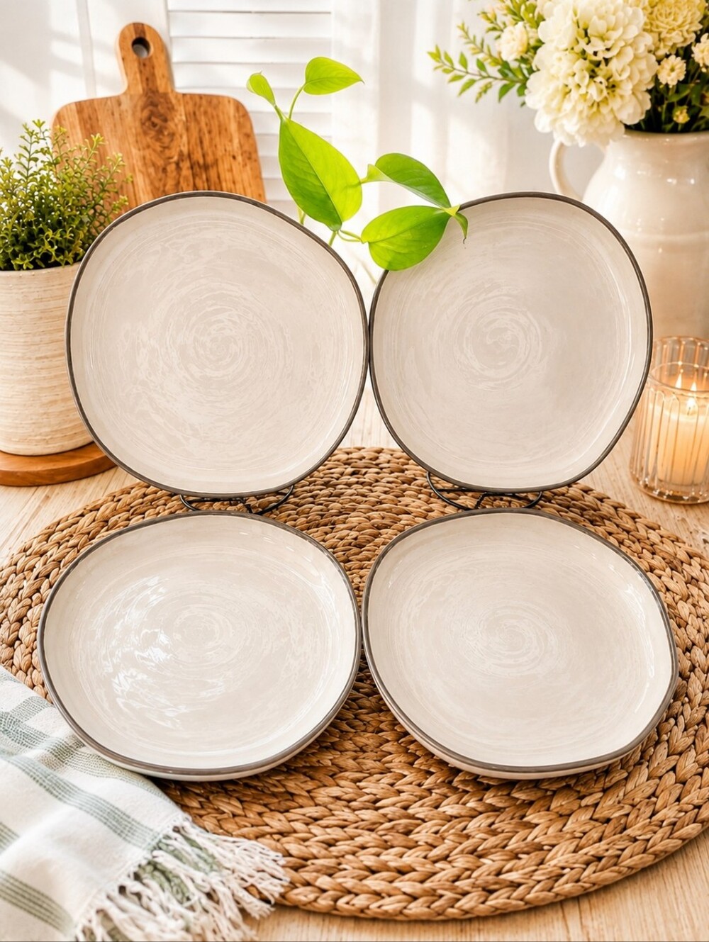 Hearth & Hand White Ceramic Salad Plates with Gray Rim Set Of 4